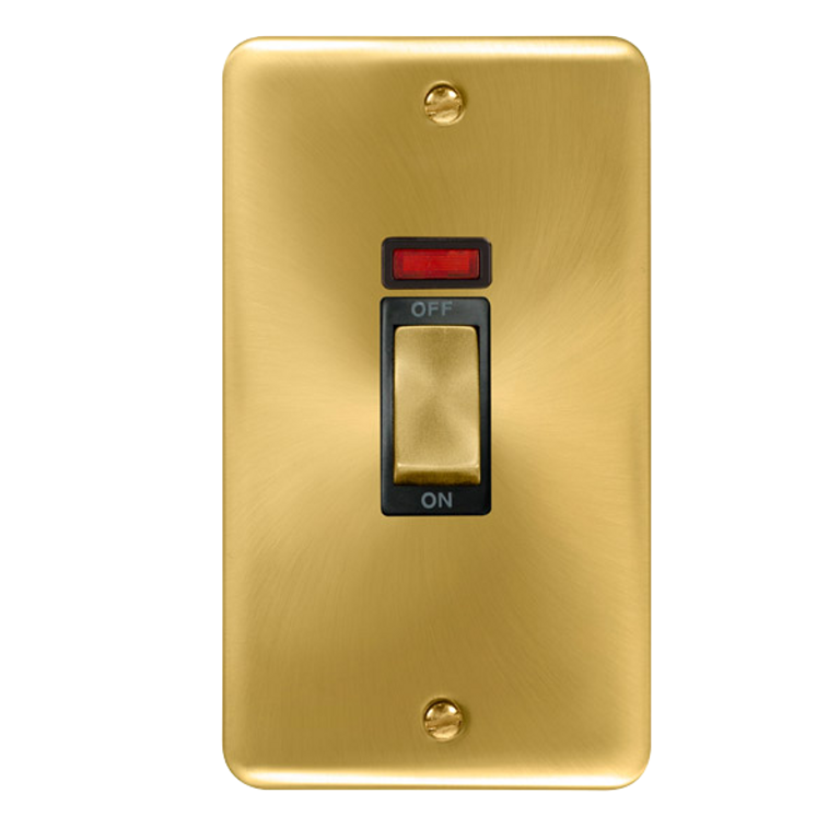 Click Deco Plus Satin Brass 2G 45A DP Vertical Switch & Neon Black Insert
