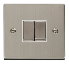 Click Deco Stainless Steel 2G 2W Double Light Switch White Insert