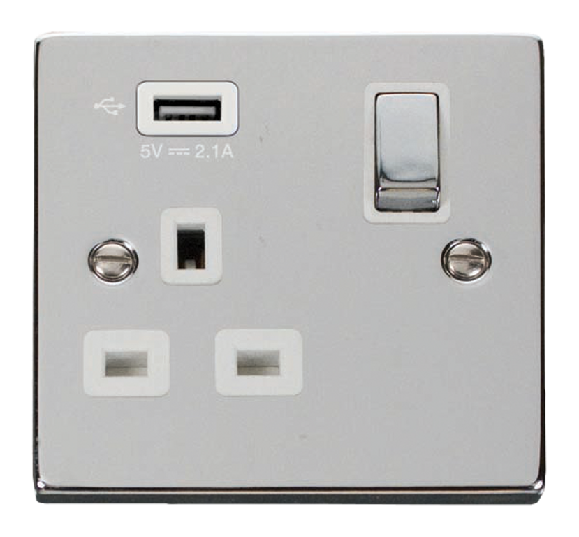 Click Deco Polished Chrome 1G 13A Single Switched Socket c/w 1 x USB Outlet White Insert