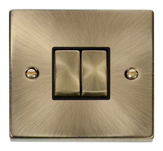 Click Deco Antique Brass 2G 2W Double Light Switch Black Insert
