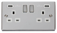 Click Deco Polished Chrome 2G 13A Double Switched Socket c/w 2 x USB Outlets White Insert