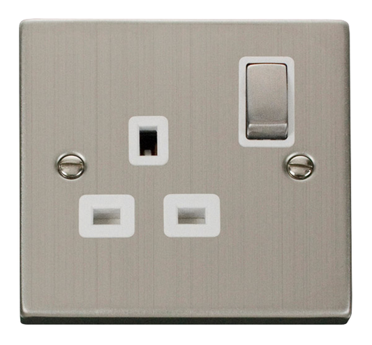 Click Deco Stainless Steel 1G 13A Single Switched Socket White Insert