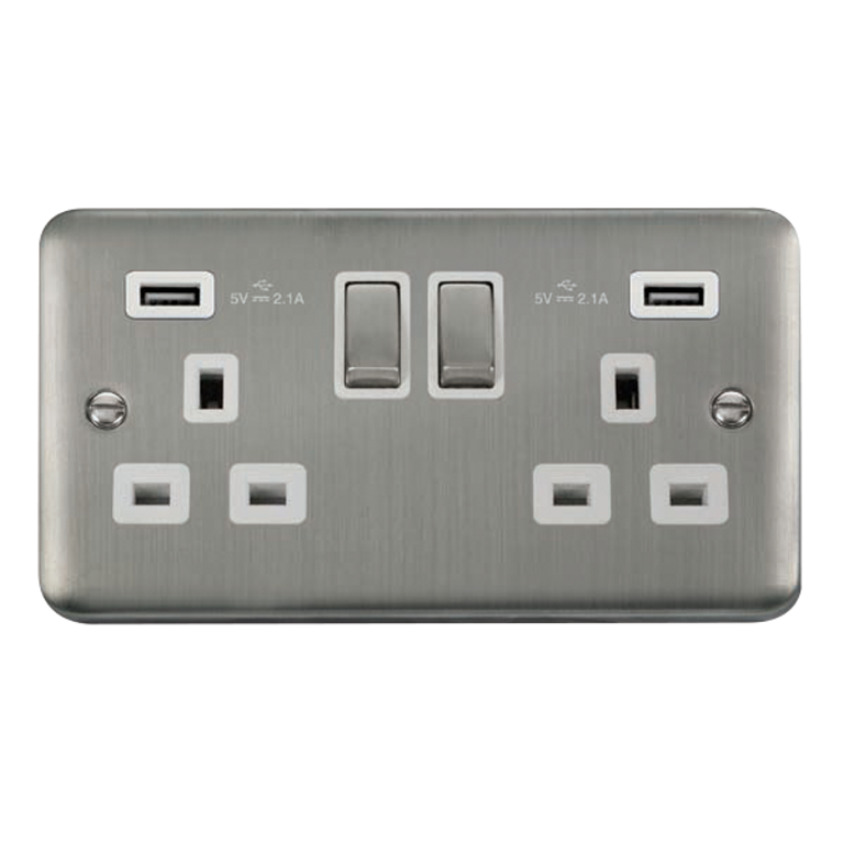 Click Deco Plus Stainless Steel 2G 13A Double Switched Socket c/w 2 x USB Outlets White Insert