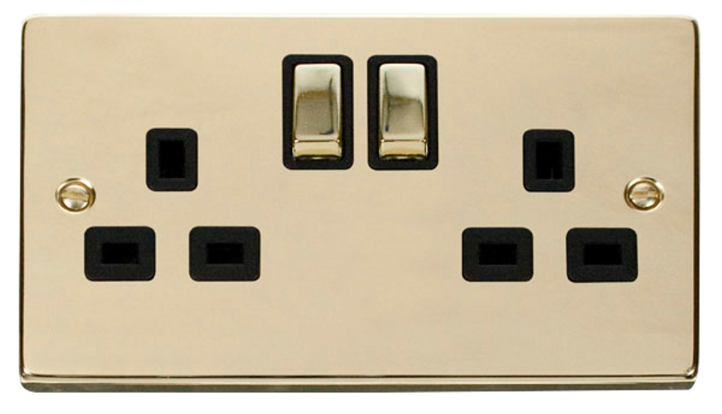 Click Deco Polished Brass 2G 13A Double Switched Socket Black Insert