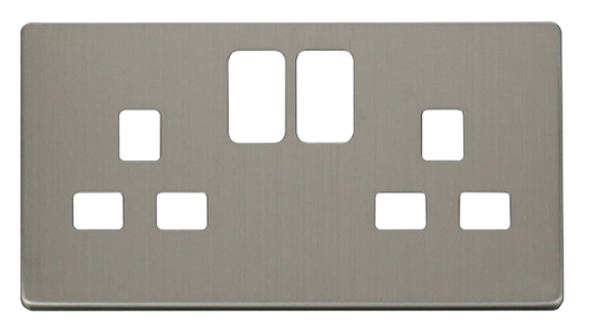 Click Definity Screwless Stainless Steel 2G 13A Double Switched Socket Black Insert