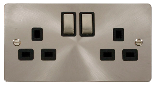 Click Define Brushed Stainless 2G 13A Double Switched Socket Black Insert