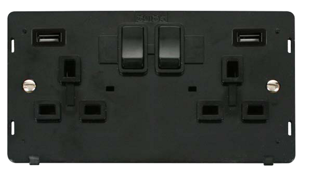 Click Definity Screwless Black 2G 13A Double Switched Socket c/w 2 x USB Outlets Black Insert