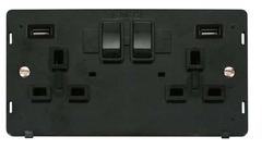 Click Definity Screwless Black 2G 13A Double Switched Socket c/w 2 x USB Outlets Black Insert