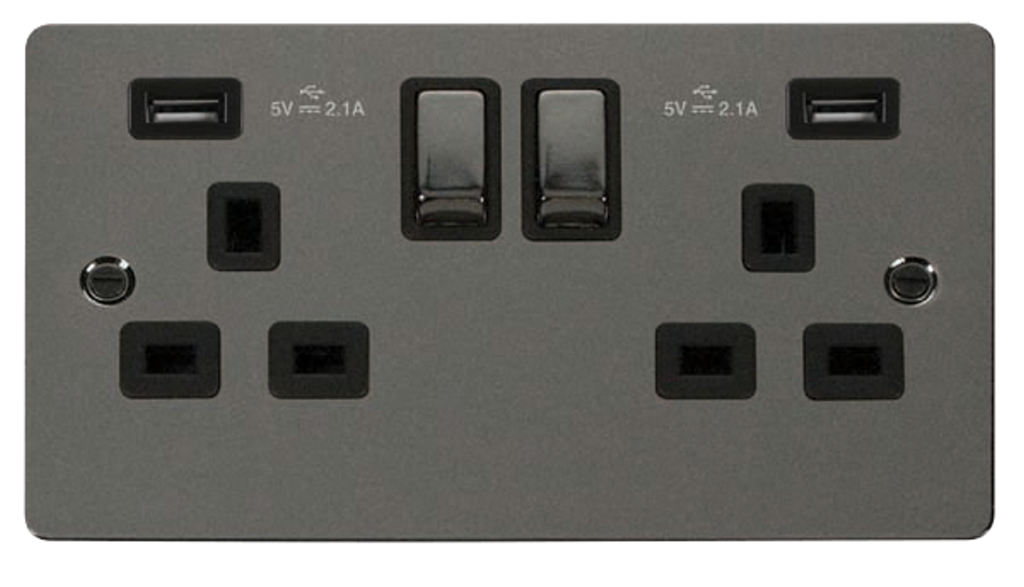 Click Define Black Nickel 2G 13A Double Switched Socket c/w 2 x USB Outlets Black Insert