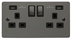 Click Define Black Nickel 2G 13A Double Switched Socket c/w 2 x USB Outlets Black Insert
