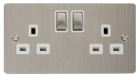 Click Define Stainless Steel 2G 13A Double Switched Socket White Insert