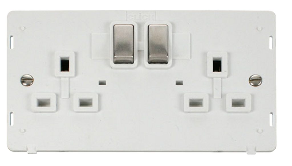 Click Definity Screwless Stainless Steel 2G 13A Double Switched Socket White Insert