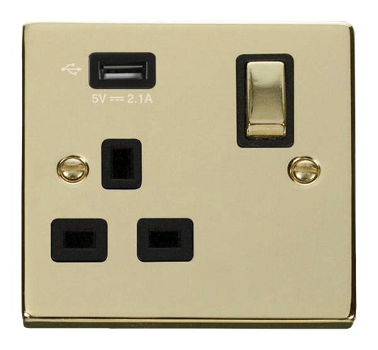 Click Deco Polished Brass 1G 13A Single Switched Socket c/w 1 x USB Outlet Black Insert