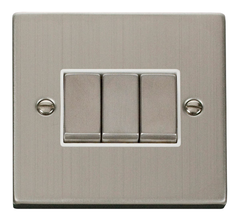 Click Deco Stainless Steel 3G 2W Triple Light Switch White Insert