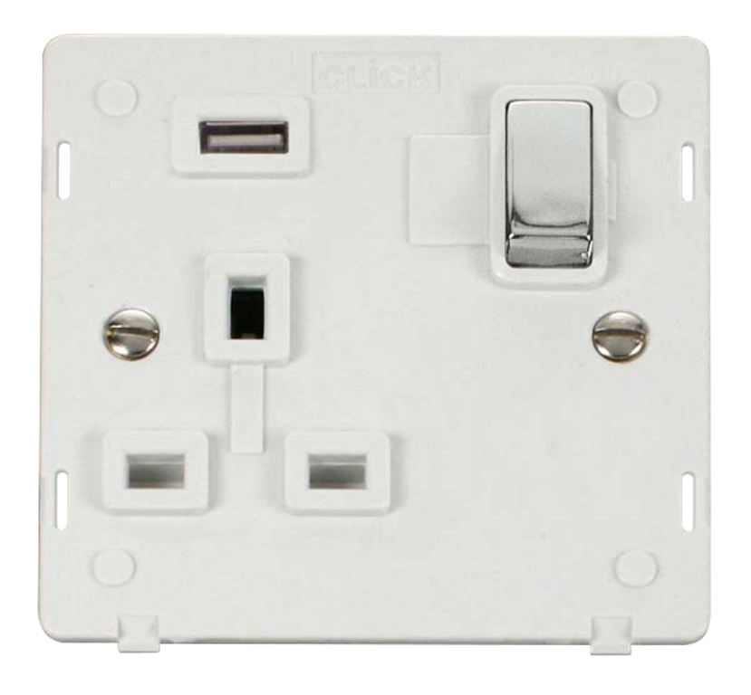 Click Definity Screwless Polished Chrome 1G 13A Single Switched Socket c/w 1 x USB Outlet White Insert