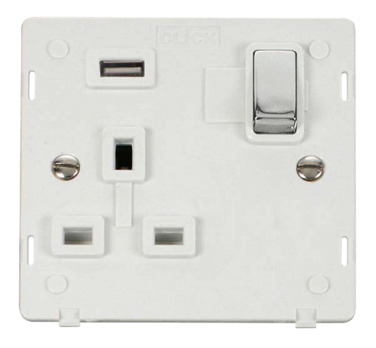 Click Definity Screwless Polished Chrome 1G 13A Single Switched Socket c/w 1 x USB Outlet White Insert