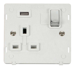 Click Definity Screwless Polished Chrome 1G 13A Single Switched Socket c/w 1 x USB Outlet White Insert