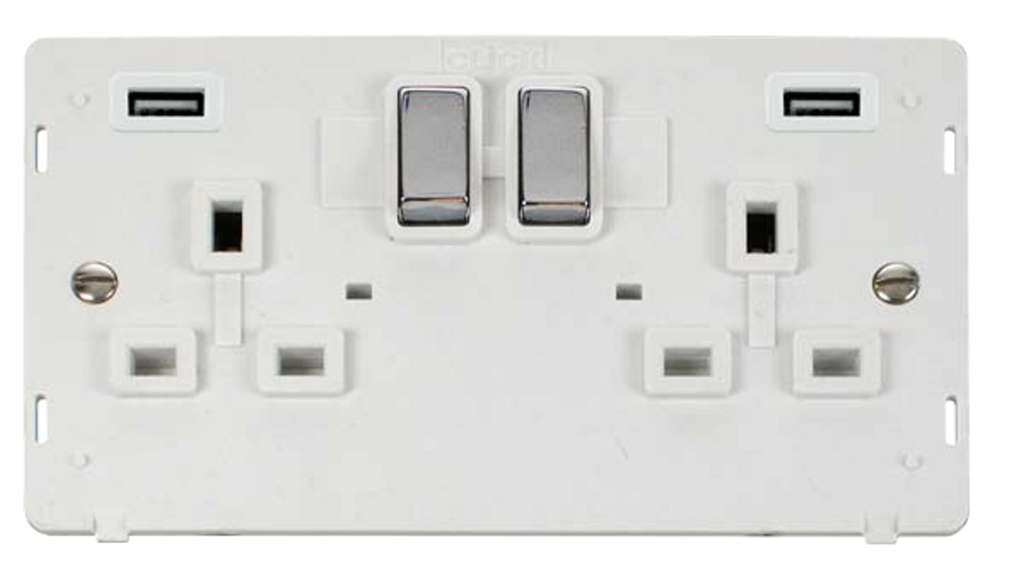 Click Definity Screwless Polished Chrome 2G 13A Double Switched Socket c/w 2 x USB Outlets White Insert
