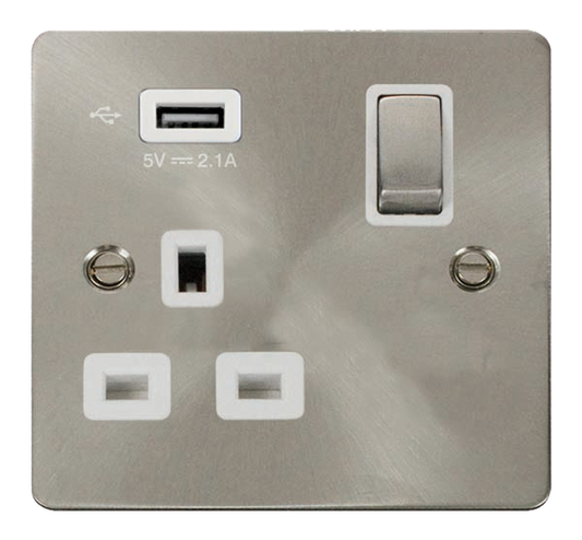 Click Define Brushed Stainless 1G 13A Single Switched Socket c/w 1 x USB Outlet White Insert