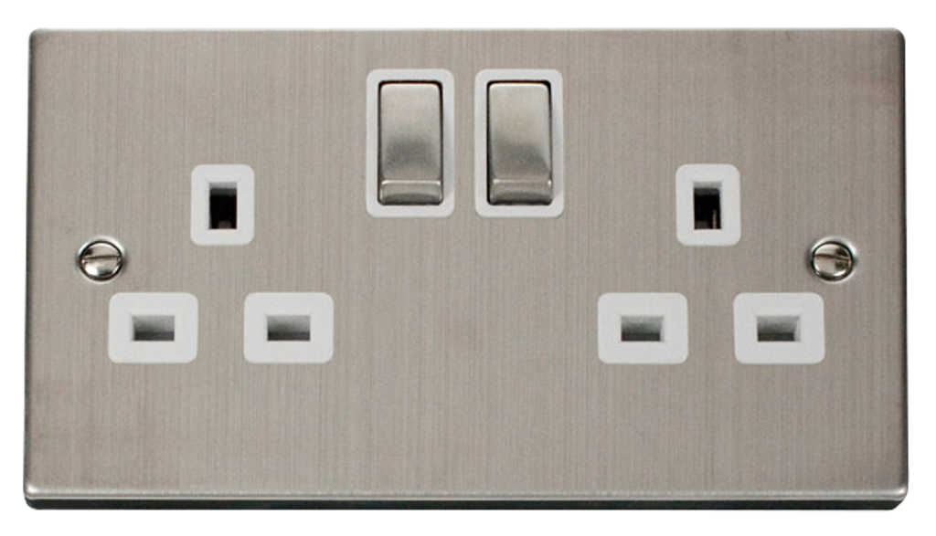 Click Deco Stainless Steel 2G 13A Double Switched Socket White Insert