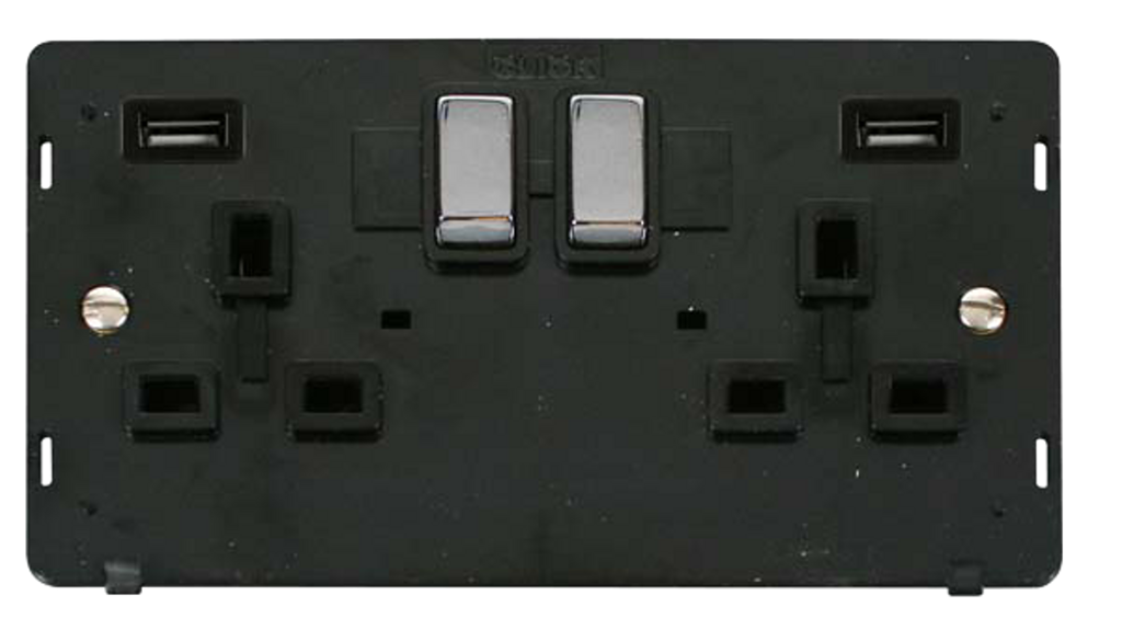 Click Definity Screwless Polished Chrome 2G 13A Double Switched Socket c/w 2 x USB Outlets Black Insert