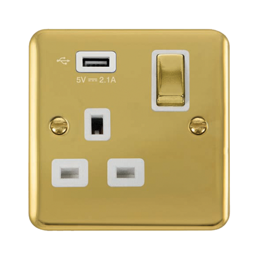 Click Deco Plus Polished Brass 1G 13A Single Switched Socket c/w 1 x USB Outlet White Insert