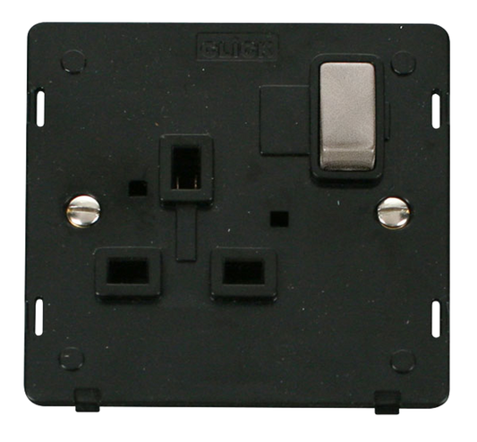Click Definity Screwless Brushed Stainless 1G 13A Single Switched Socket Black Insert