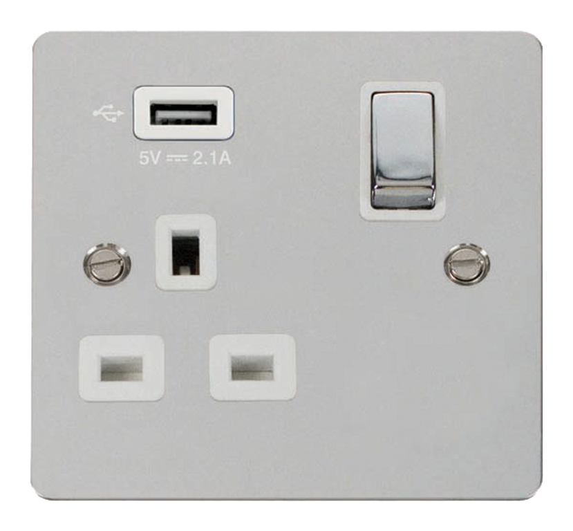 Click Define Polished Chrome 1G 13A Single Switched Socket c/w 1 x USB Outlet White Insert