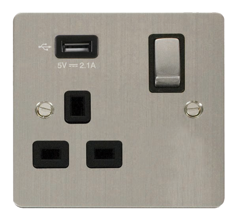 Click Define Stainless Steel 1G 13A Single Switched Socket c/w 1 x USB Outlet Black Insert