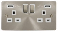 Click Define Brushed Stainless 2G 13A Double Switched Socket c/w 2 x USB Outlets White Insert