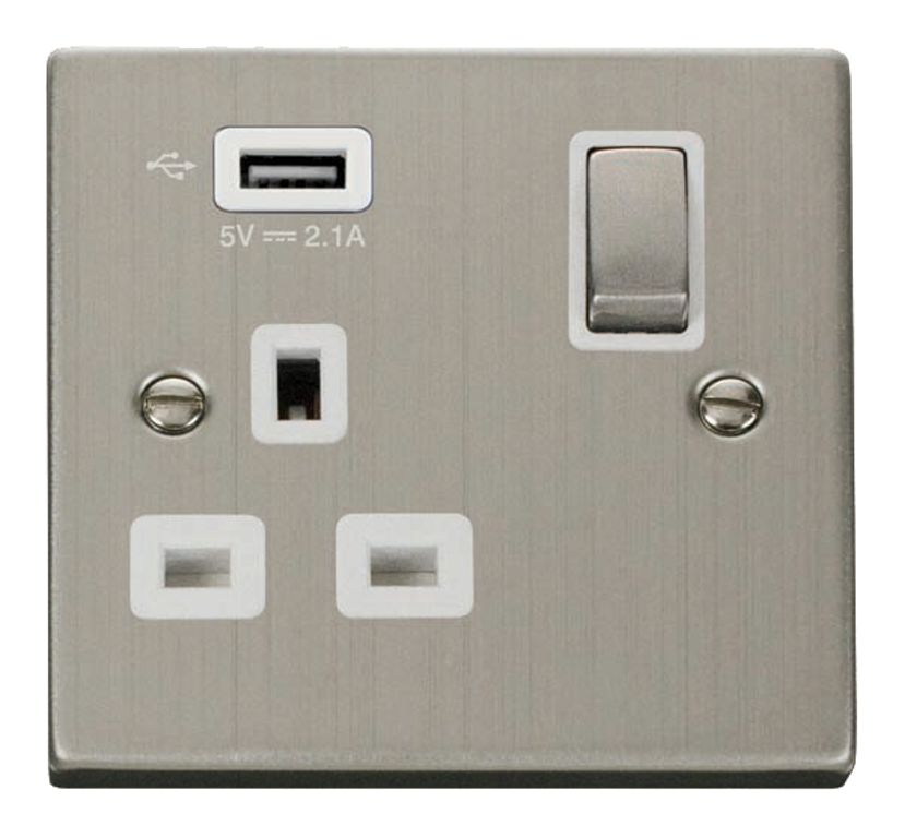 Click Deco Stainless Steel 1G 13A Single Switched Socket c/w 1 x USB Outlet White Insert