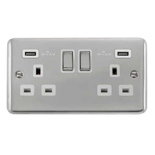 Click Deco Plus Polished Chrome 2G 13A Double Switched Socket c/w 2 x USB Outlets White Insert