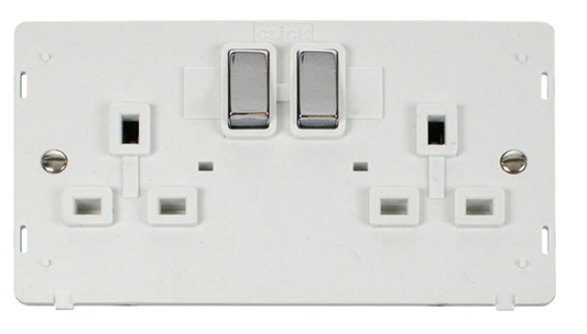 Click Definity Screwless Polished Chrome 2G 13A Double Switched Socket White Insert