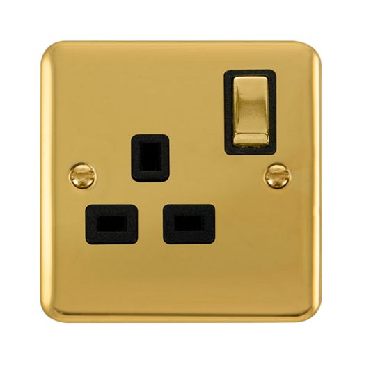 Click Deco Plus Polished Brass 1G 13A Single Switched Socket Black Insert