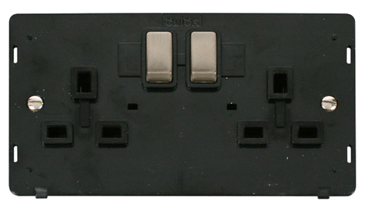 Click Definity Screwless Brushed Stainless 2G 13A Double Switched Socket Black Insert