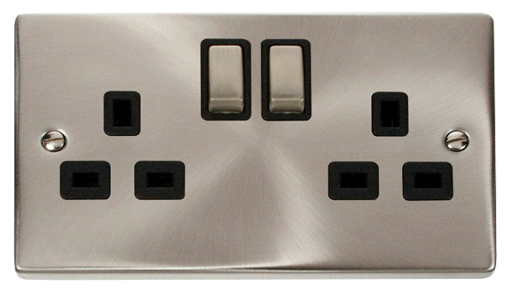 Click Deco Satin Chrome 2G 13A Double Switched Socket Black Insert