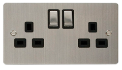 Click Define Stainless Steel 2G 13A Double Switched Socket Black Insert