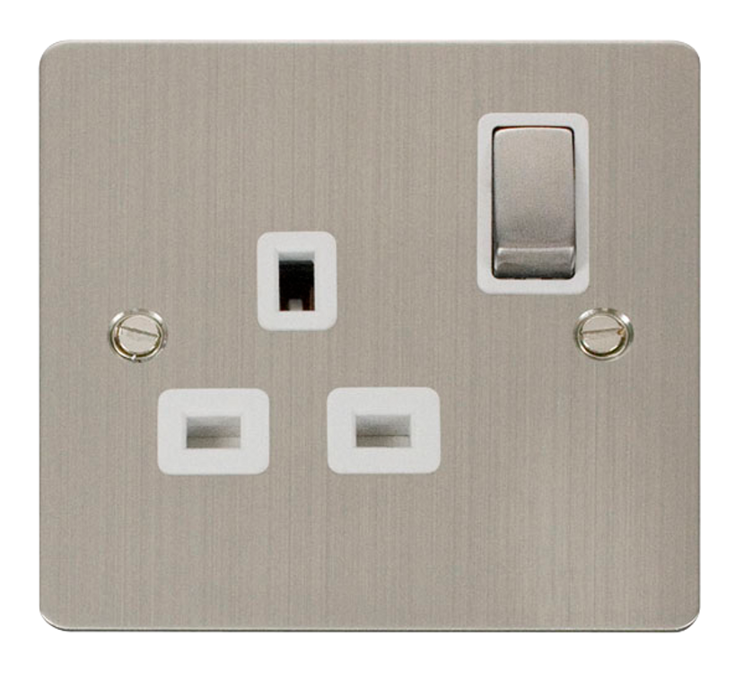 Click Define Stainless Steel 1G 13A Single Switched Socket White Insert