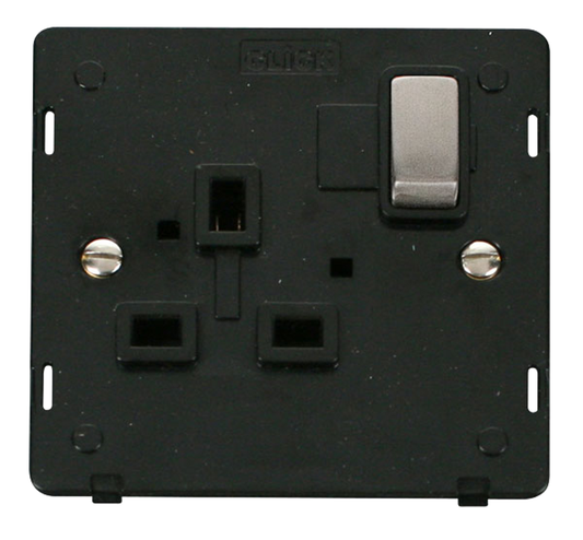 Click Definity Screwless Stainless Steel 1G 13A Single Switched Socket Black Insert