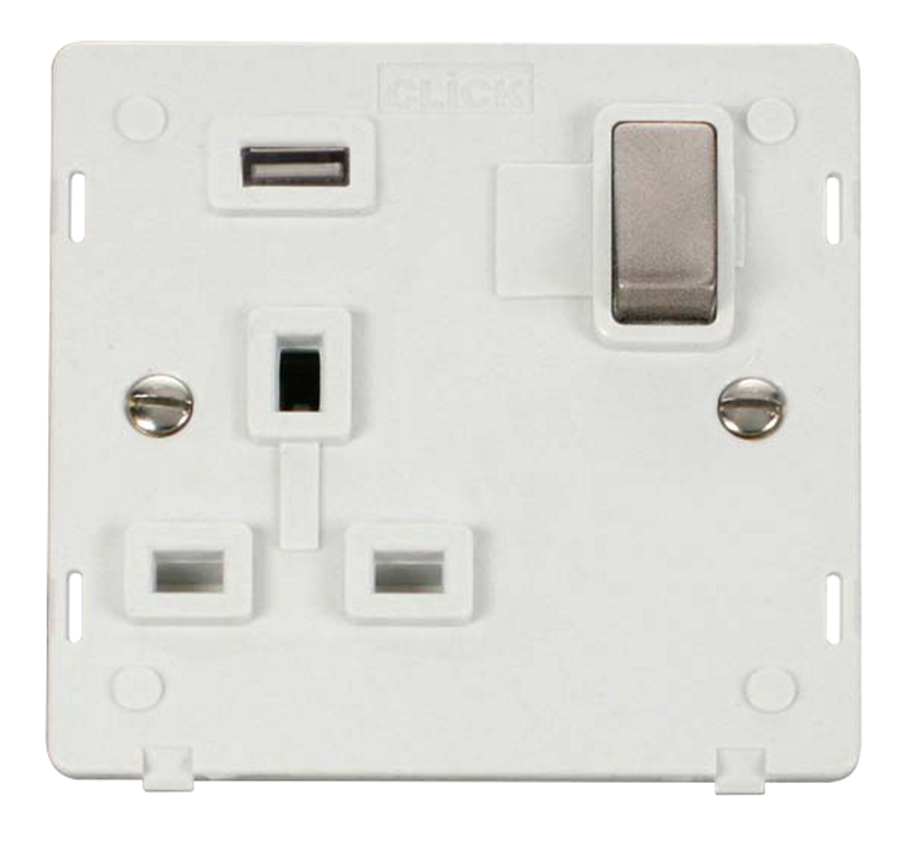 Click Definity Screwless Brushed Stainless 1G 13A Single Switched Socket c/w 1 x USB Outlet White Insert