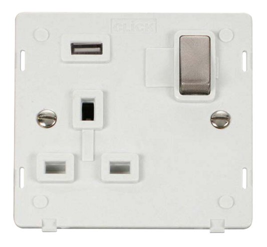 Click Definity Screwless Brushed Stainless 1G 13A Single Switched Socket c/w 1 x USB Outlet White Insert