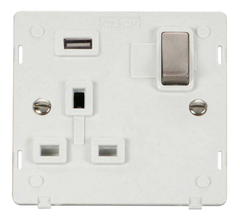 Click Definity Screwless Brushed Stainless 1G 13A Single Switched Socket c/w 1 x USB Outlet White Insert