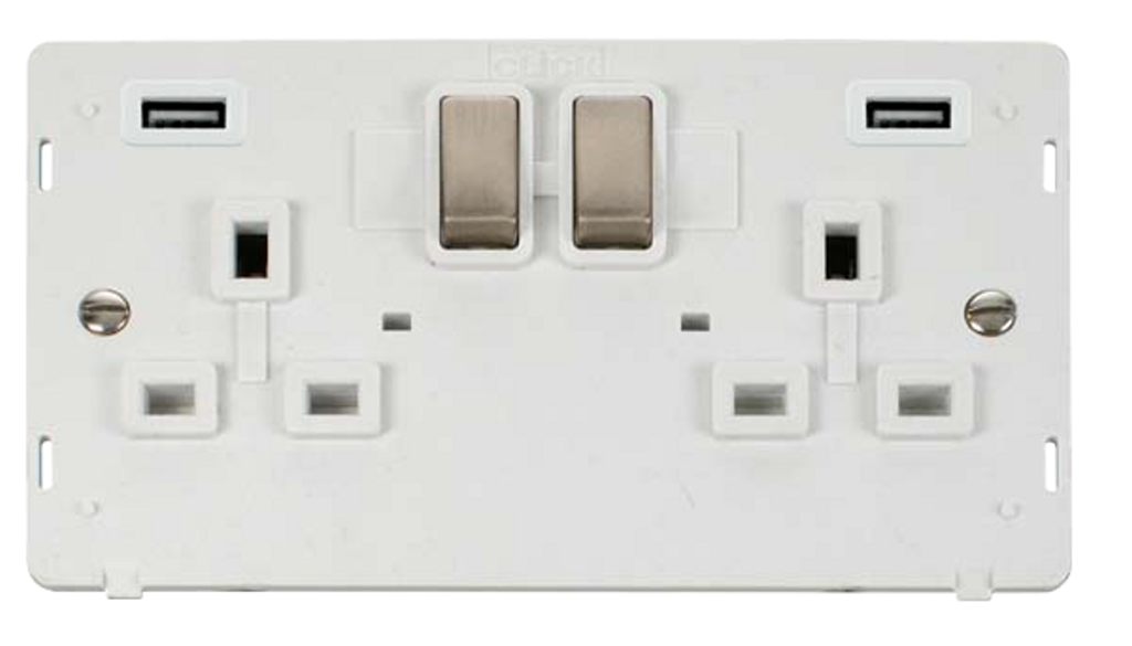 Click Definity Screwless Brushed Stainless 2G 13A Double Switched Socket c/w 2 x USB Outlets White Insert