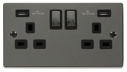 Click Deco Black Nickel 2G 13A Double Switched Socket c/w 2 x USB Outlets Black Insert