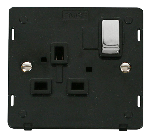 Click Definity Screwless Polished Chrome 1G 13A Single Switched Socket Black Insert