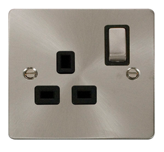 Click Define Brushed Stainless 1G 13A Single Switched Socket Black Insert