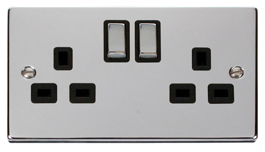 Click Deco Polished Chrome 2G 13A Double Switched Socket Black Insert