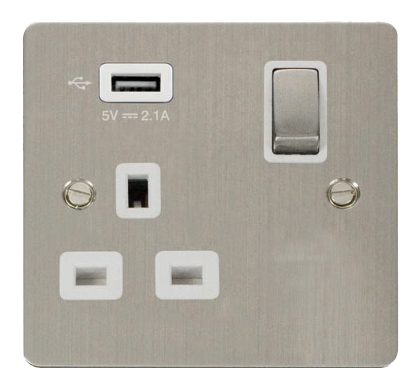 Click Define Stainless Steel 1G 13A Single Switched Socket c/w 1 x USB Outlet White Insert