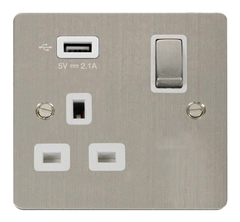 Click Define Stainless Steel 1G 13A Single Switched Socket c/w 1 x USB Outlet White Insert