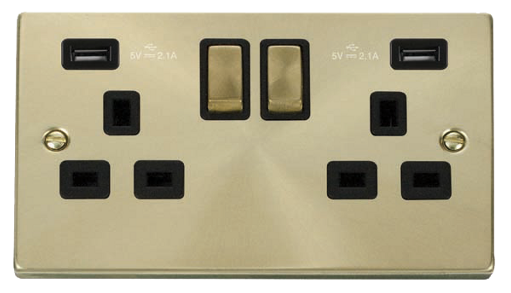 Click Deco Satin Brass 2G 13A Double Switched Socket c/w 2 x USB Outlets Black Insert